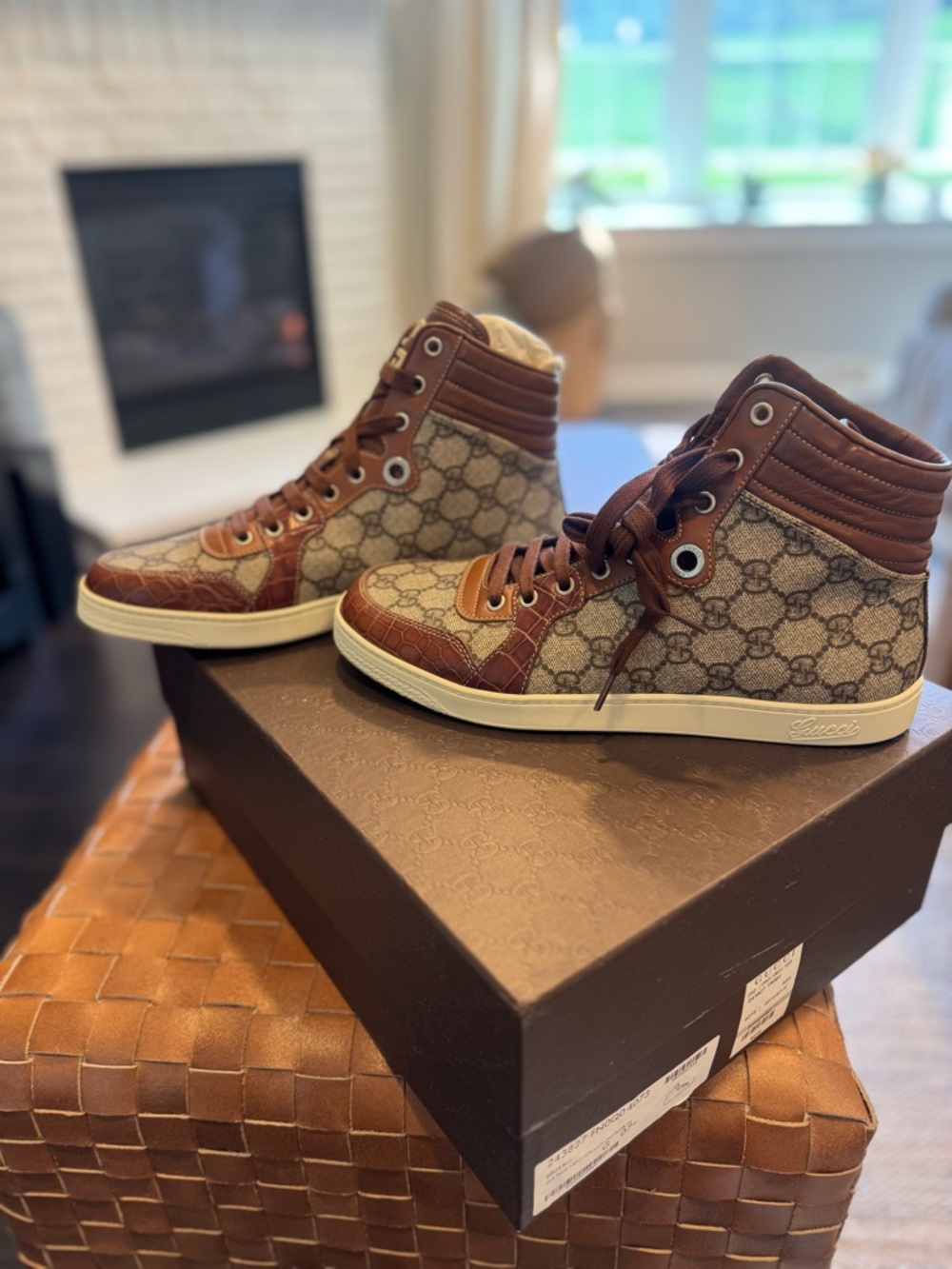Gucci GG Supreme High Top Sneakers Brown Leather Canvas EU 37 / US 7 .5 Mens